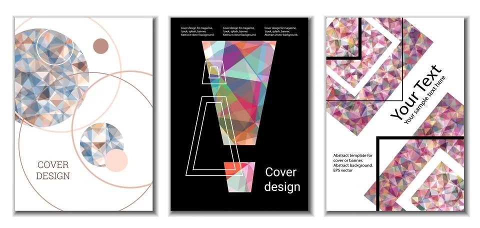 Cover design. Set of 3 covers. Imitation of crumpled paper. Unusual bright ab Illustrazione stock