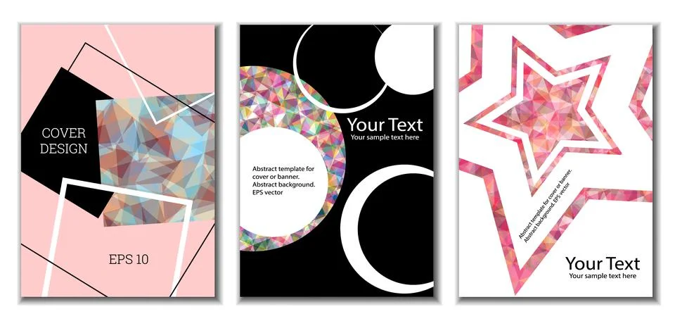Cover design. Set of 3 covers. Imitation of crumpled paper. Unusual bright ab 库存插图