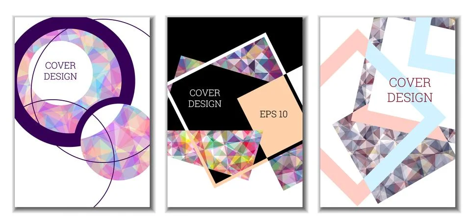 Cover design. Set of 3 covers. Imitation of crumpled paper. Unusual bright ab Stock Illustration