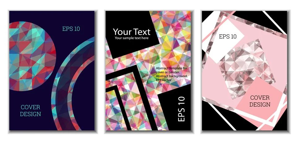 Cover design. Set of 3 covers. Imitation of crumpled paper. Unusual bright ab Illustrazione stock