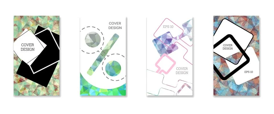 Cover design. Set of 4 covers. Imitation of crumpled paper. Unusual bright .. Illustrazione stock