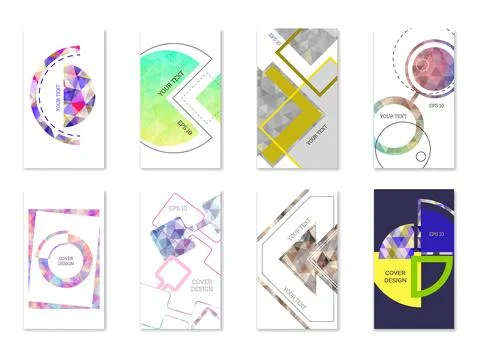 Cover design. Set of 8 covers. Imitation of crumpled paper. Unusual bright .. Stock Illustration