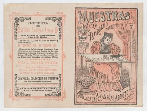 Cover for 'Muestras para Bordado', a woman embroidering ca. 18901910 Jos Gu.. Stock Photos