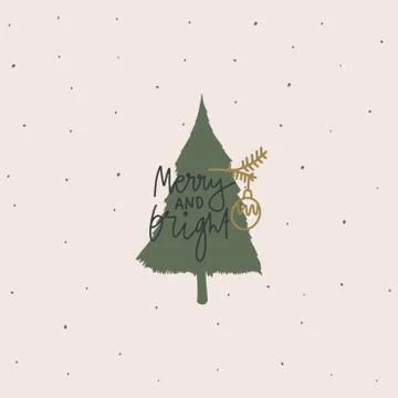 Cover or postcard design. Text: Merry and bright , Christmas ball on branch Stock Illustration