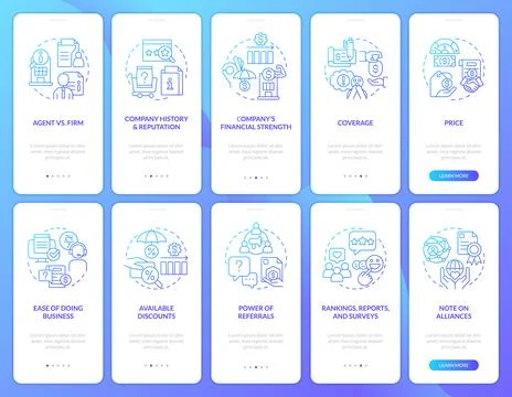 Coverage services benefits blue gradient onboarding mobile app screen set 스톡 일러스트