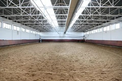 Covered arena building interior without people ready for equestrian trainin.. Stock Photos