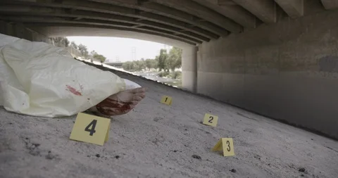 Covered Body Under Bridge Markers Medium Shot Crime Scene Stock Footage 90876488