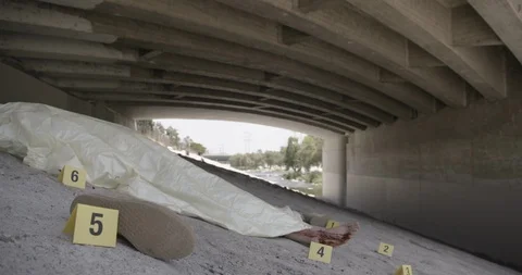 Covered Body Under Bridge Markers Shoe in Foreground Crime Scene Stock Footage 90876518