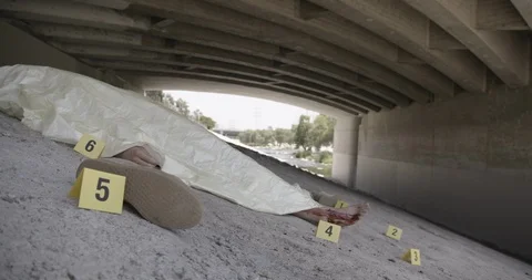 Covered Body Under Bridge Markers Wide Shot Arm Out Crime Scene Stock Footage 90876527