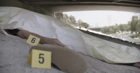 Covered Body Under Bridge Markers Medium Wide Shot Hand Exposed Crime Scene Stock Footage 90876553