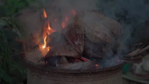 Covered breadfruit under coconut skin roasting in fire Stock Footage 311925974