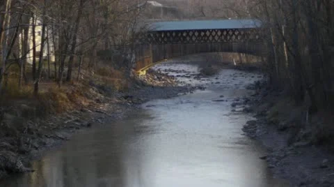 Covered Bridge above a Stream Stock Footage 22219500