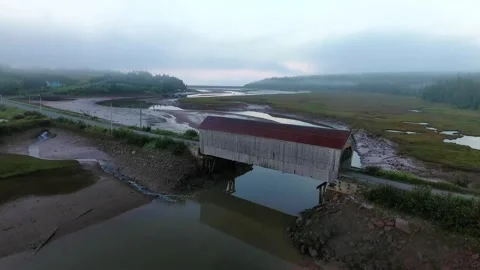 Covered Bridge Aerial Drone Flyover on a Foggy Misty Morning Stock Footage 172422503
