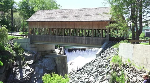 Covered Bridge And Waterfall Queechee Vermont Stock Footage 52347940