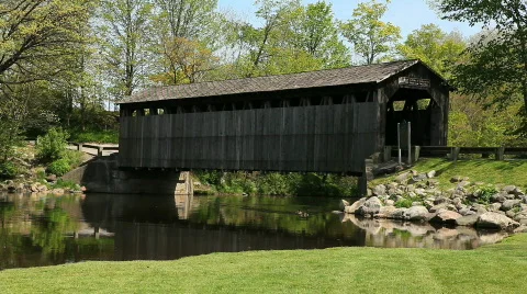 Covered Bridge with Canada Geese Stock Footage 710459