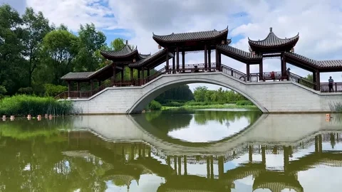Covered bridge from excursion boat at Zhangze Lake Stock Footage 316031694