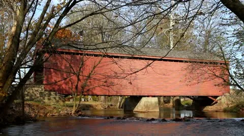 Covered Bridge Over Creek Stock Footage 8983135