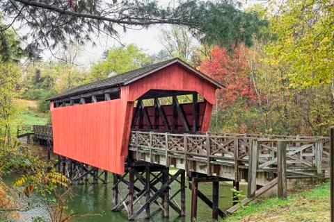 Covered Bridge Over Pond Stock Photos