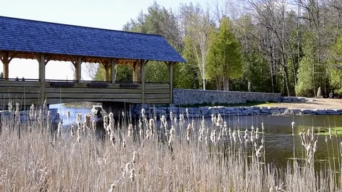 Covered bridge over river water on summer day close still shot 스톡 동영상 79407091