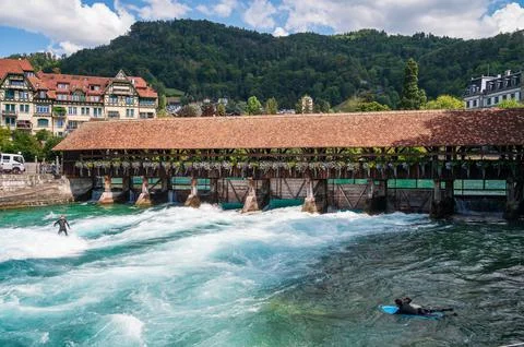 Covered Bridge in Thun Stock Photos