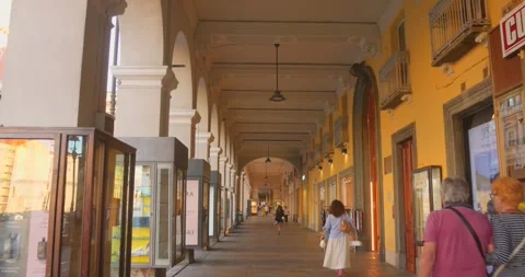 Covered city arcade with repeating columns, patterned ceiling and colorful shops Stock Footage 348337525