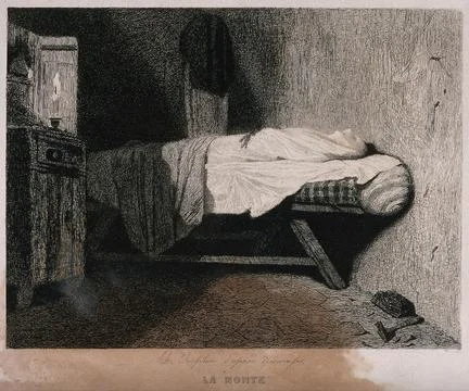 A covered corpse lying on a bed. Etching by Ch. Chaplin after Louis-Henri D.. Stock Illustration