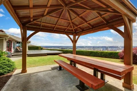 Covered patio area in the back yard, amazing view. Northwest, USA Stock Photos