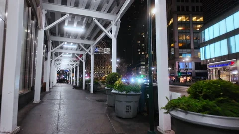 Covered sidewalk with planters in Midtown Manhattan at night Stock Footage 342330775
