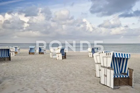 Covered Wicker Beach Chairs On The Beach, Hoernum, Sylt Island, Schleswig-Hol