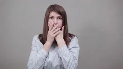 Shocking News Surprised Calm Woman Covers Her Mouth Close Isolated