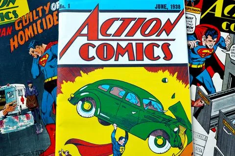 Covers of ACTION COMICS, American Comic book with Superman Stock Photos
