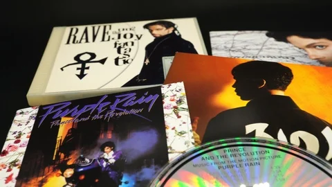 Covers and CDs of the 80s and 90s of the singer, musician PRINCE Stock Footage 122047561