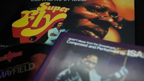 Covers and CDs of two ost Blaxploitation: SHAFT and SUPER FLY Stock Footage 112621141