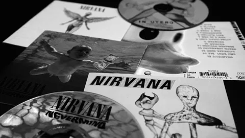 Covers of some iconic CDs of the American group, NIRVANA by Kurt Cobain Stock Footage 254201497