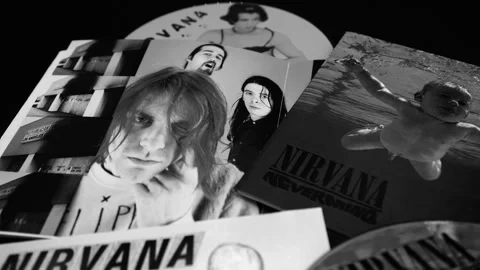 Covers of some iconic CDs of the American group, NIRVANA by Kurt Cobain Stock Footage 254201558