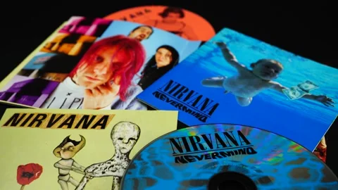 Covers of some iconic CDs of the American group, NIRVANA by Kurt Cobain Stock Footage 254201914