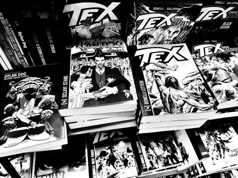 The covers of various issues of the famous western comic series Tex Stockfoto's