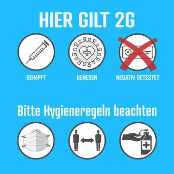 Covid-19 2G rules and hygiene measures sign in German language Illustrazione stock