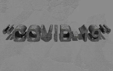 "COVID-19" 3-D text in quotation marks with silver, metallic texture Stock Illustration