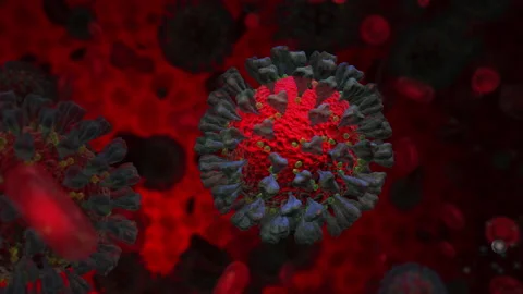 COVID-19 3D Model Floating with Blood Cells in Body Stock Footage 132580897