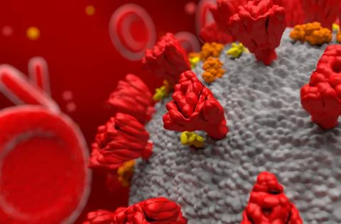 Covid-19 3d render with blood cells semi closeup Illustrazione stock