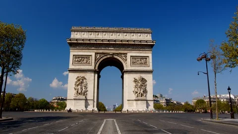 Covid-19: Arc de Triomphe streets are desolate with just few vehicles, Stock Footage 129236924
