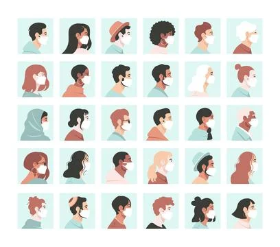 Covid 19 avatars set different people in protective coronavirus mask flat vector Stock Illustration