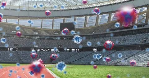 Covid-19 cells against empty sports stadium Stock Illustration