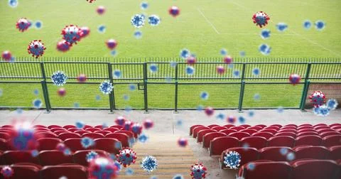 Covid-19 cells against empty seats in sports stadium Stock Illustration