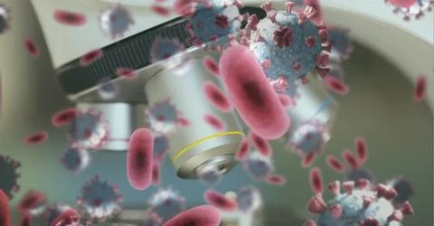 Covid-19 cells against microscope in background Stock Photos