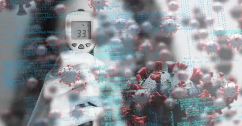 Covid-19 cells and data processing against doctor using an electronic 写真素材