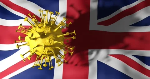 COVID-19 coronavirus cell rotating above UK waving flag with shadow. Stock Footage 166742602