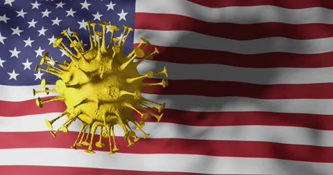 COVID-19 coronavirus cell rotating above USA US waving flag with shadow. Stock Footage 166742605