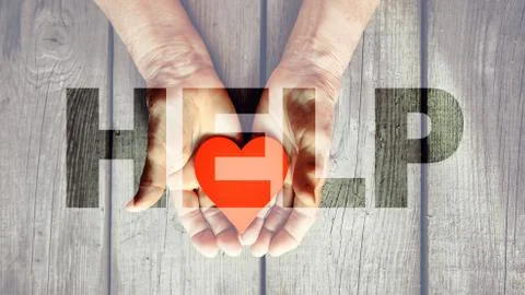 COVID-19 coronavirus. Fill text HELP with old, young hands, red heart. Stock Photos